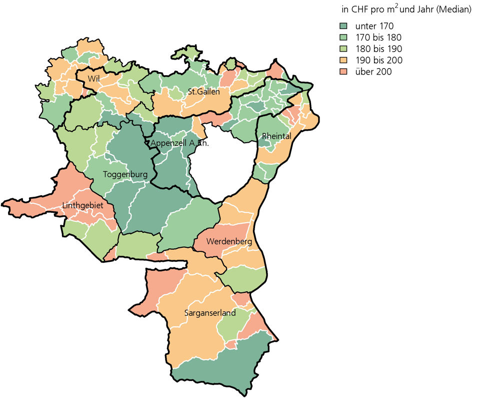 Karte zu Wohnungsmieten anhand der Wohnungsfläche im ganzen Kanton St.Gallen