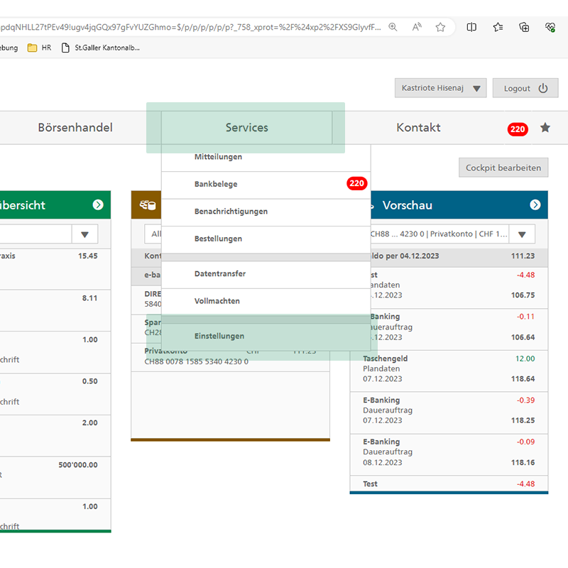 SGKB E-Banking Support: Menü für die Einstellungsoptionen