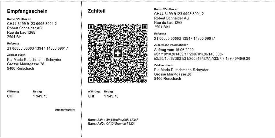 Beispiel einer QR-Rechnung mit Referenz bestehend aus Empfangsschein und Zahlteil
