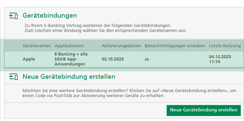 SGKB E-Banking Support: Gerätebindungen für die SGKB App