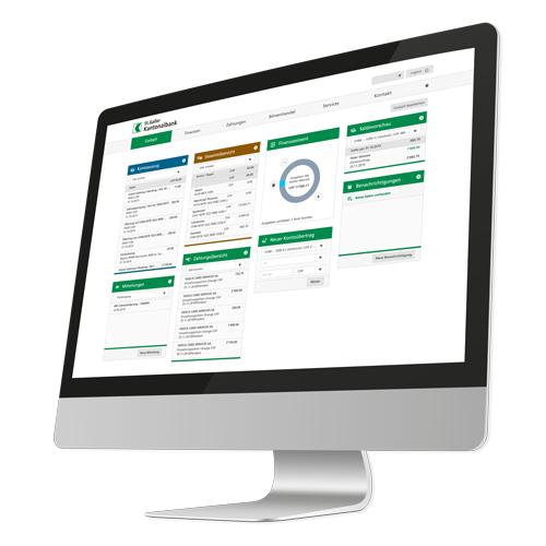 Monitor mit Ansicht vom Dashboard des E-Banking der St.Galler Kantonalbank