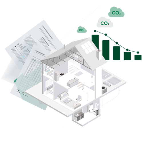 Planungsansicht eines Hauses vor einem Diagramm zum CO2-Verbauch der Immobilie