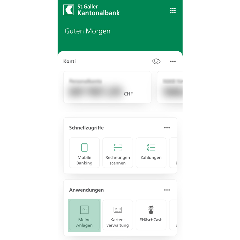 Platzierung der Anwendung "Meine Anlagen" im Dashboard der SGKB App 