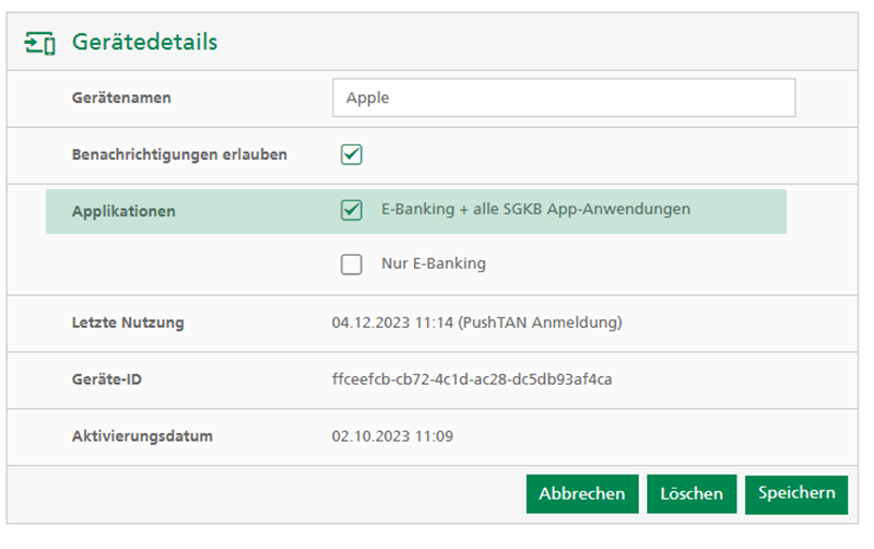 SGKB E-Banking Support: Maske zur Aktivierung aller Anwendungen für die SGKB App