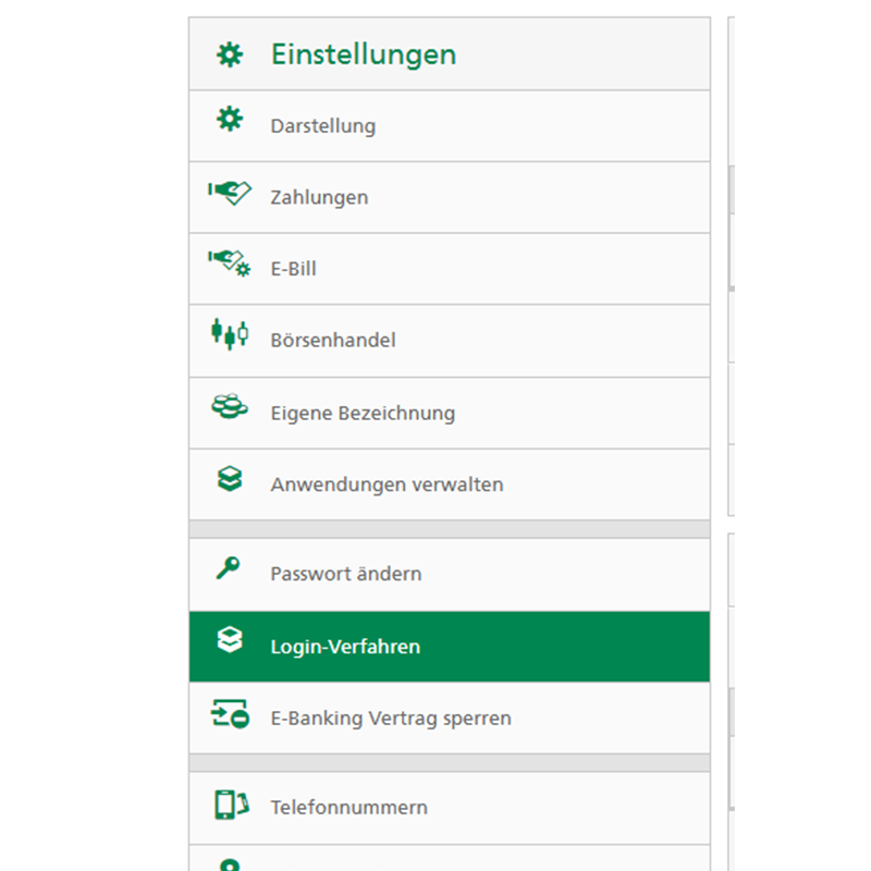 SGKB E-Banking Support: Menü für die Einstellungen zum Login-Verfahren