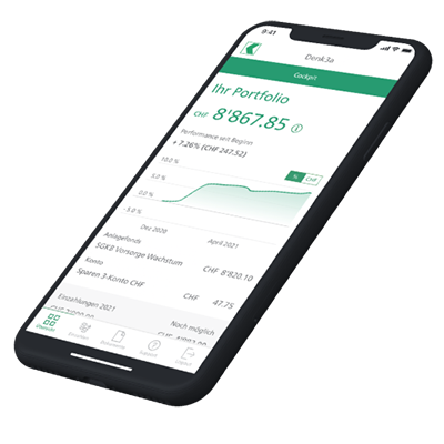 Smartphone mit Ansicht des digitalen Wertpapiersparens Denk3a der St.Galler Kantonalbank