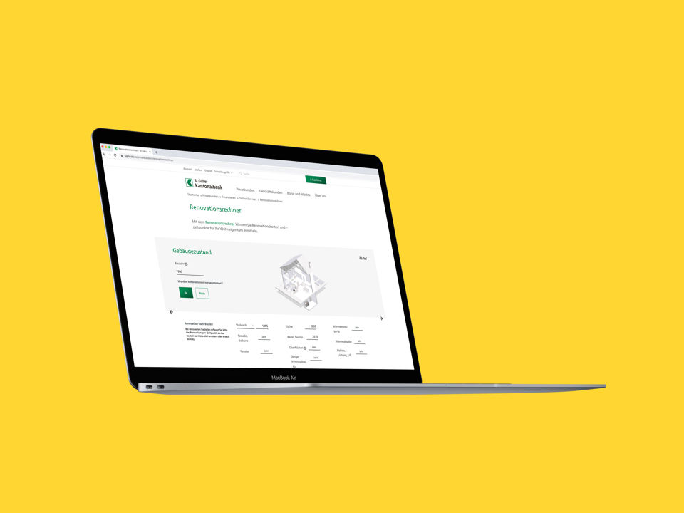 Laptop mit geöffneter Ansicht des Renovationskostenrechner der St.Galler Kantonalbank