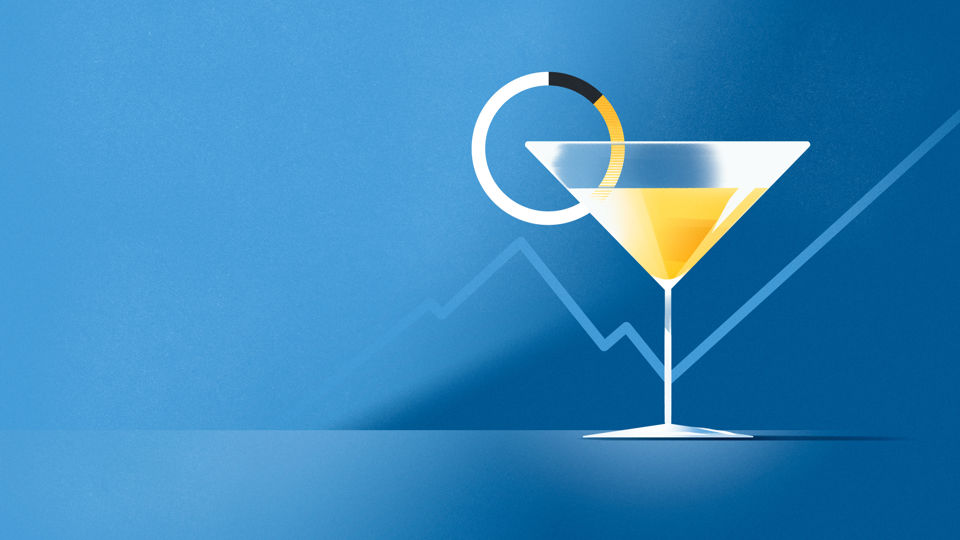 Illustration eines Cocktailglases vor einer Konjunkturkurve