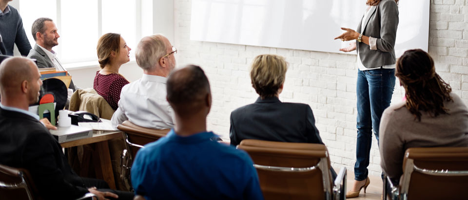 Eine Referentin hält vor einer Gruppe Menschen in einem Schulungsraum einen Vortrag
