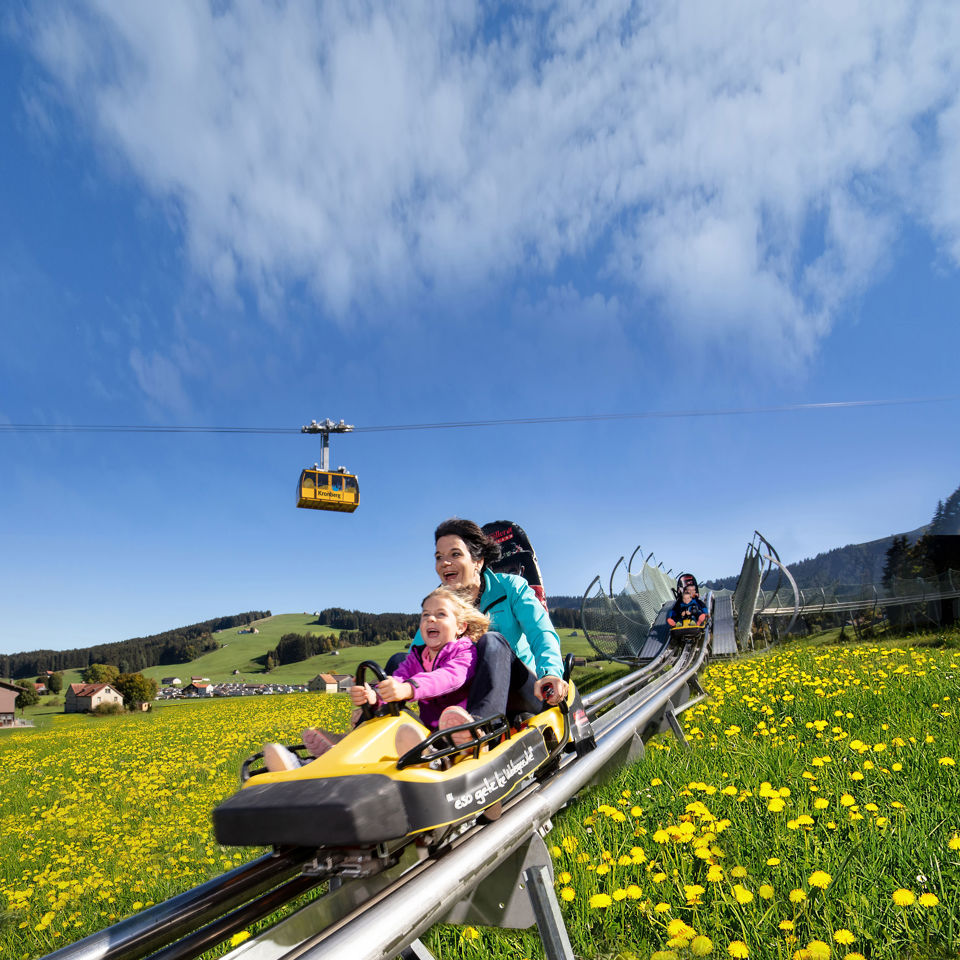 Frau und Kind in einem Sommerschlitten am Kronberg