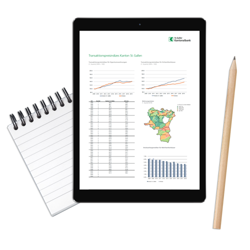 Notizblock und Tablet mit Ansicht des Immobilienmarktberichts der St.Galler Kantonalbank