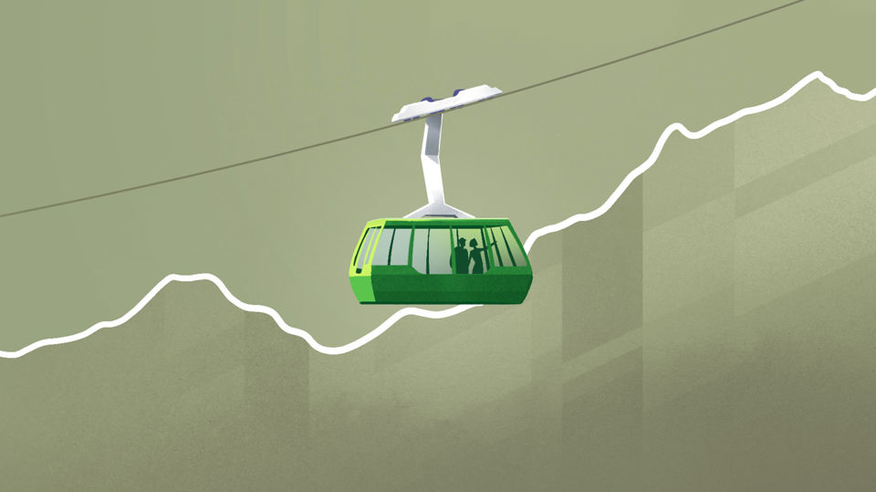 Illustration einer Bergbahn mit einer Börsenkurve im Hintergrund