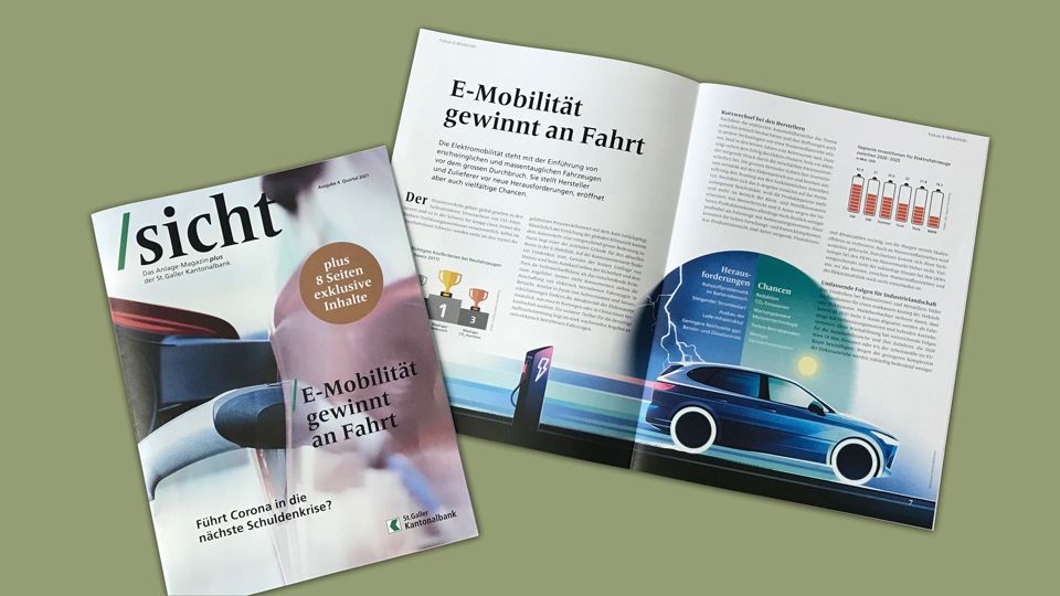 Aufgeschlagene erste Ausgabe des /sicht-Magazins vor grau-grünem Hintergrund.