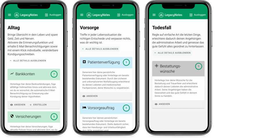 Drei Smartphone-Screens zu den Funktionen von Legacy Notes für Alltag, Vorsorge und Todesfall
